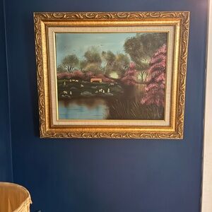 Vintage Vibrant Framed Landscape Painting with Gold Ornate Frame 🖼️
